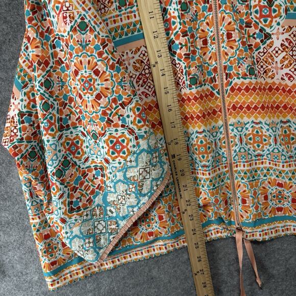 Chicos Jacket Blouse Women Sz 3 US L Peach Medallion Full Zip Lined Fringe Flare - Picture 7 of 8